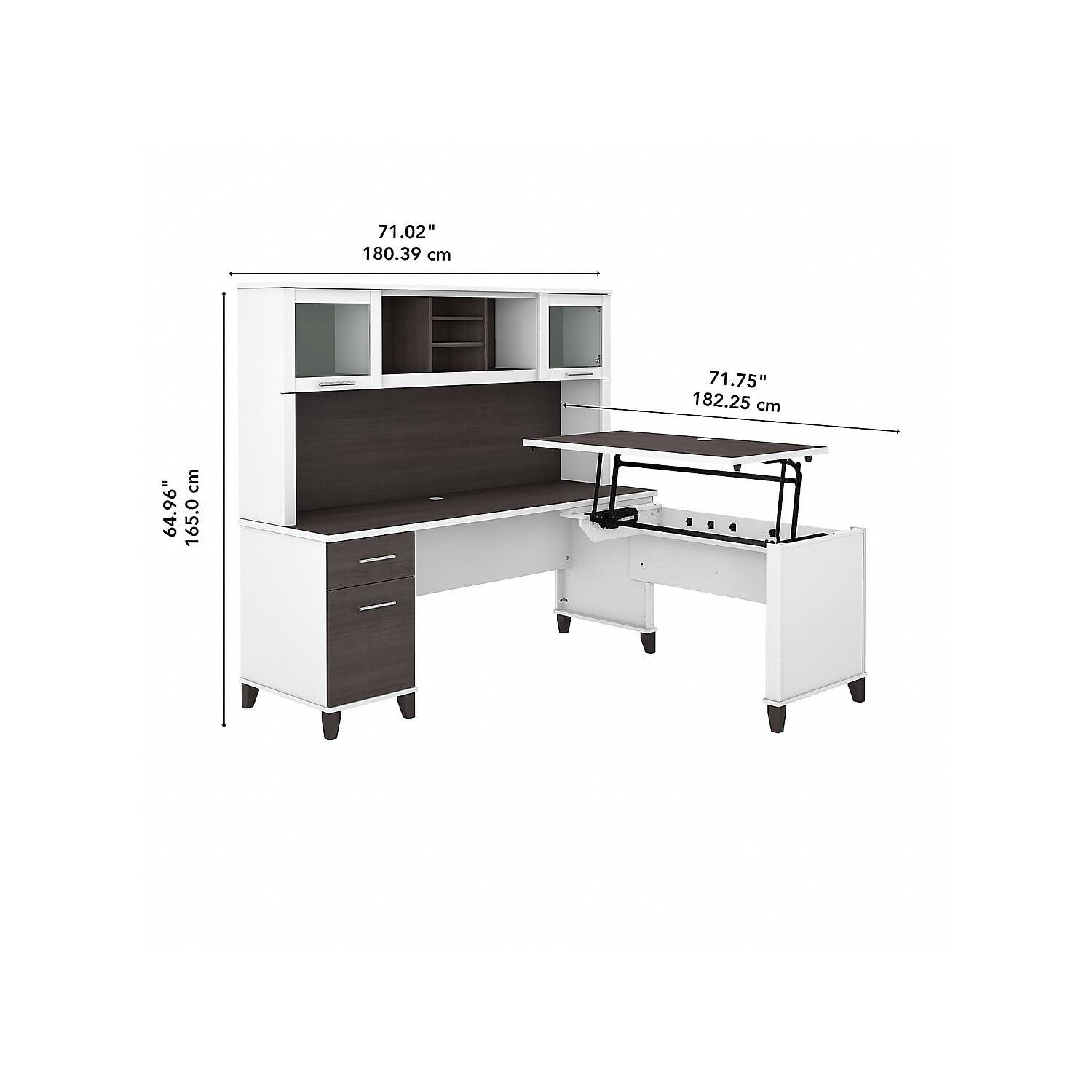Bush Furniture Somerset 72" Sit to Stand L Desk & Hutch, Storm Gray & White