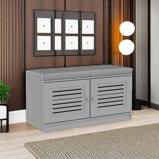 Gray Wooden Shoe Storage Bench with Cushioned Seat and Adjustable Shelves