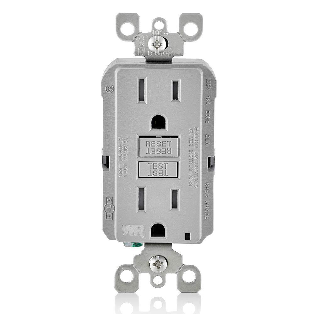 Leviton GFWT1-GY Tamper/Weather Resistant GFCI Receptacle, 15A, 125V, Gray