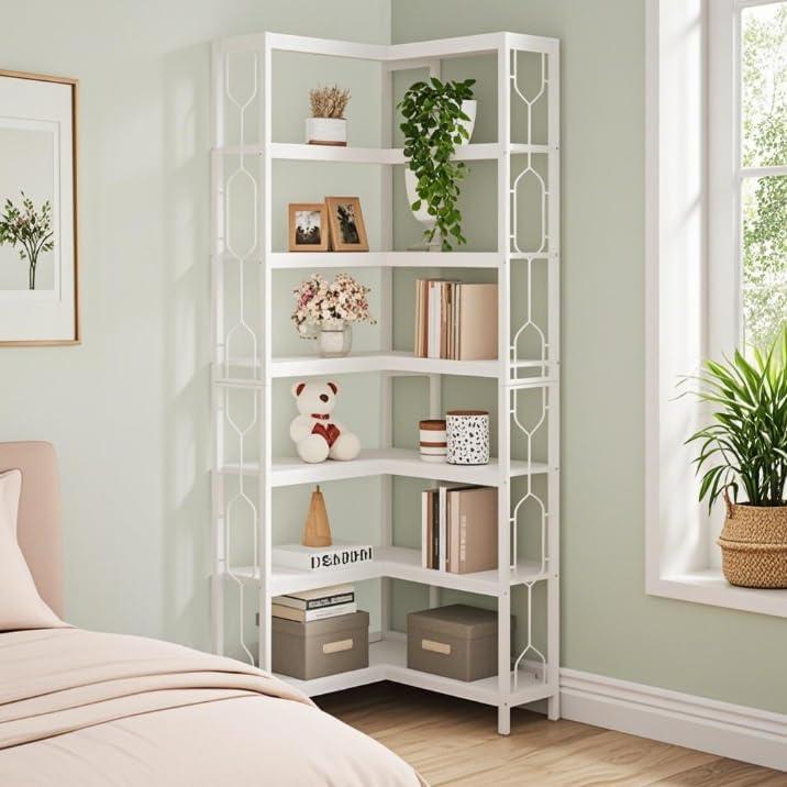 Tribesigns 7-Tier L-Shaped Bookshelf, Wood Corner Etagere Bookcase, Freestanding Display Shelving Unit, White