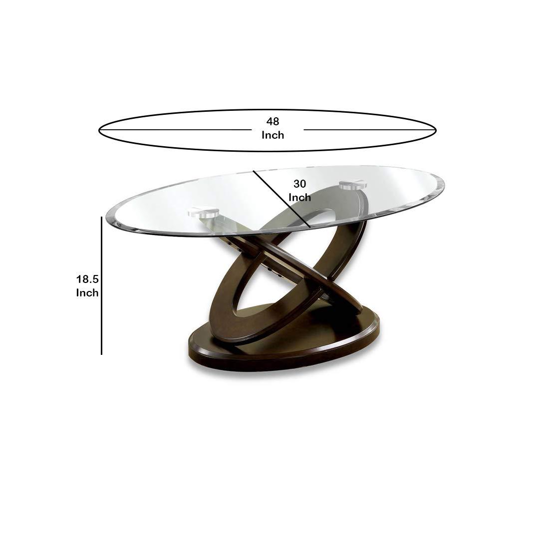 Benjara Oval Glass Top Coffee Table with Cross Oval Base, Brown and Clear