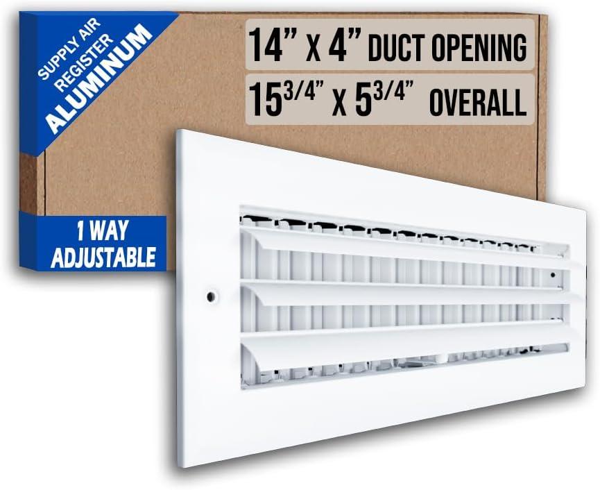 Fits 14x4 Duct Opening Aluminum 1-WAY Adjustable Air Supply Grille by Handua | Curved Blade Register Vent Cover for Sidewall & Ceiling | White | Outer Size: 15.75" X 5.75"