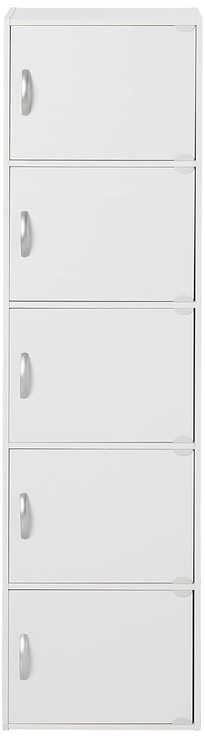 Hodedah HID5 High Quality 5 Shelf Home, Office, and School Enclosed Organization Storage 59 Inch Tall Slim Bookcase Cabinets, White Finish