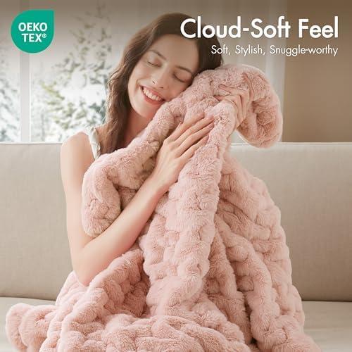 Madison Park Blush Ruched Fur Throw 50x60"