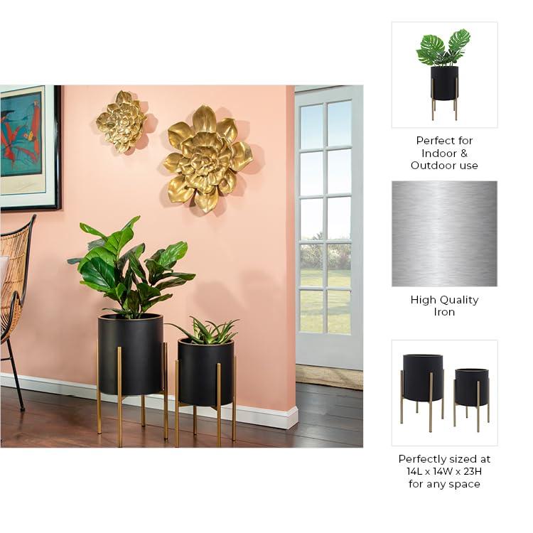 Sagebrook Home Set Of 2 Honeycomb Planter On Metal Stand, Black/Gold, Round, Iron, Contemporary, 23"H, Hexagon