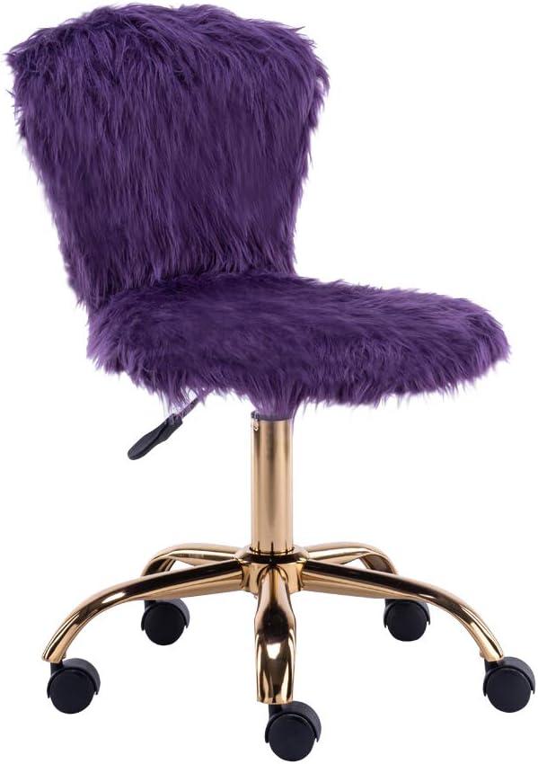 Purple Faux Fur Mid-Back Swivel Vanity Chair with Gold Legs