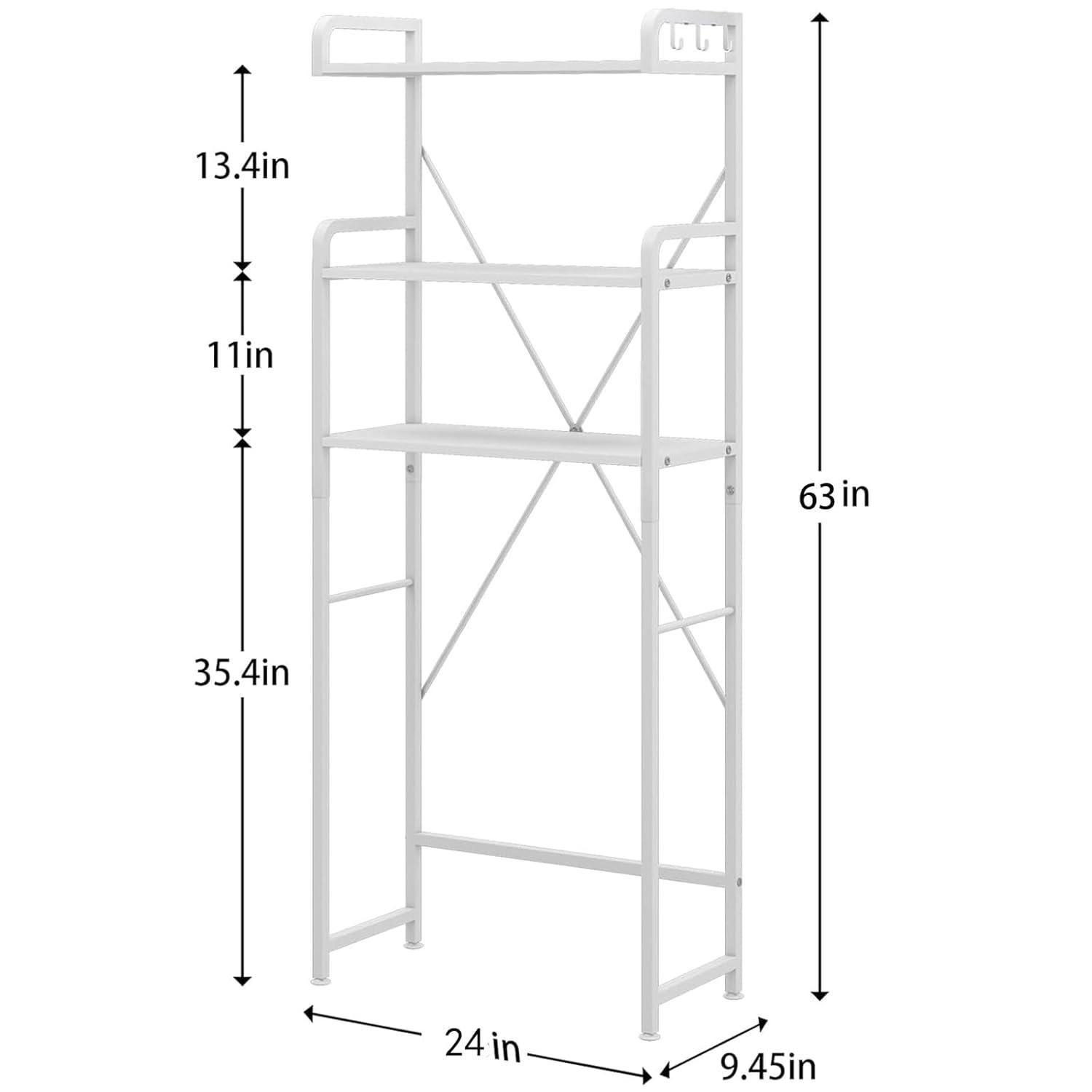 Over The Toilet Storage Rack with 3-Tier Bathroom Shelves, Space Saver Toilet Shelf, Bathroom Storage Organizer with Hooks for Over Toilet Storage and Shelf (White)