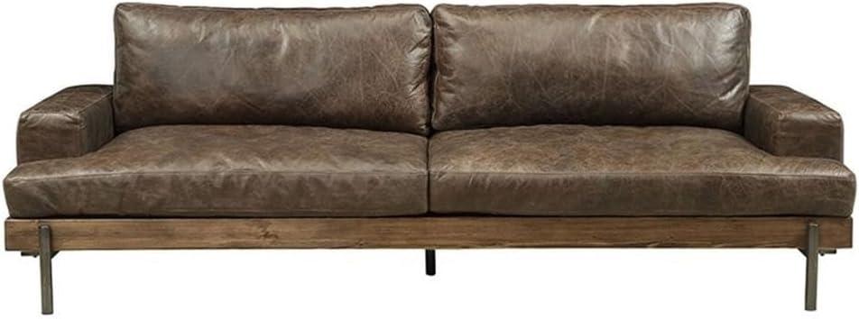 95" Silchester Sofa Distress Chocolate Top Grain Leather and Oak Finish - Acme Furniture