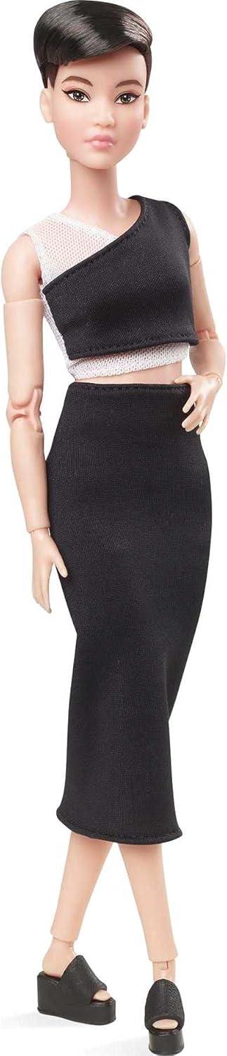 Petite Brunette Fashion Doll with Black Midi Skirt