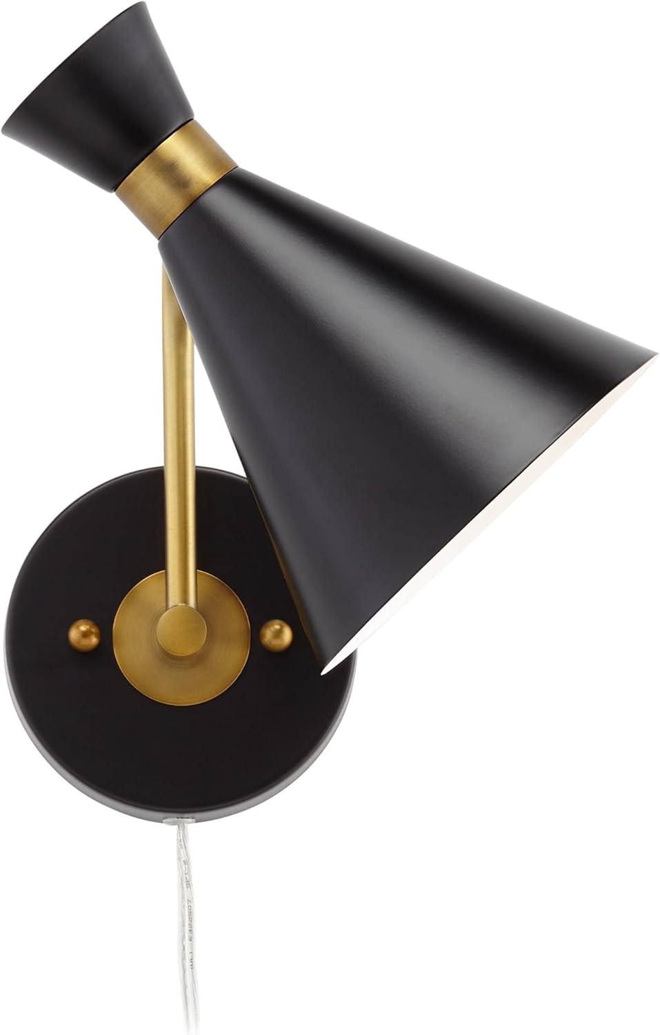 360 Lighting Venice Mid Century Modern Wall Lamps Set of 2 Matte Black Brass Plug-in 6 1/4" Light Fixture Cone Shade for Bedroom Reading Living Room