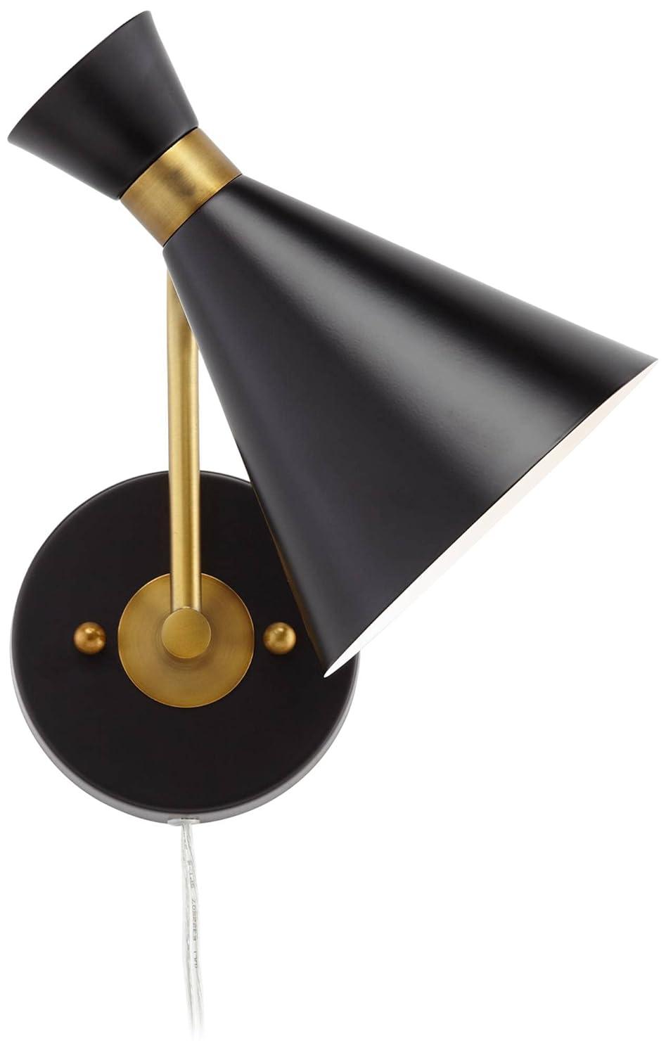 360 Lighting Venice Mid Century Modern Wall Lamps Set of 2 Matte Black Brass Plug-in 6 1/4" Light Fixture Cone Shade for Bedroom Reading Living Room