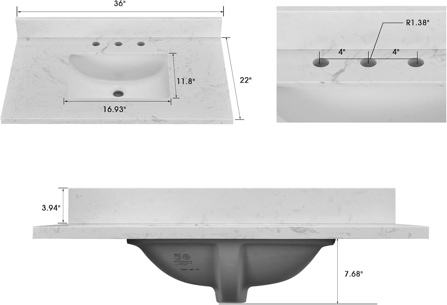 36" White Engineered Stone Vanity Top with Rectangular Sink