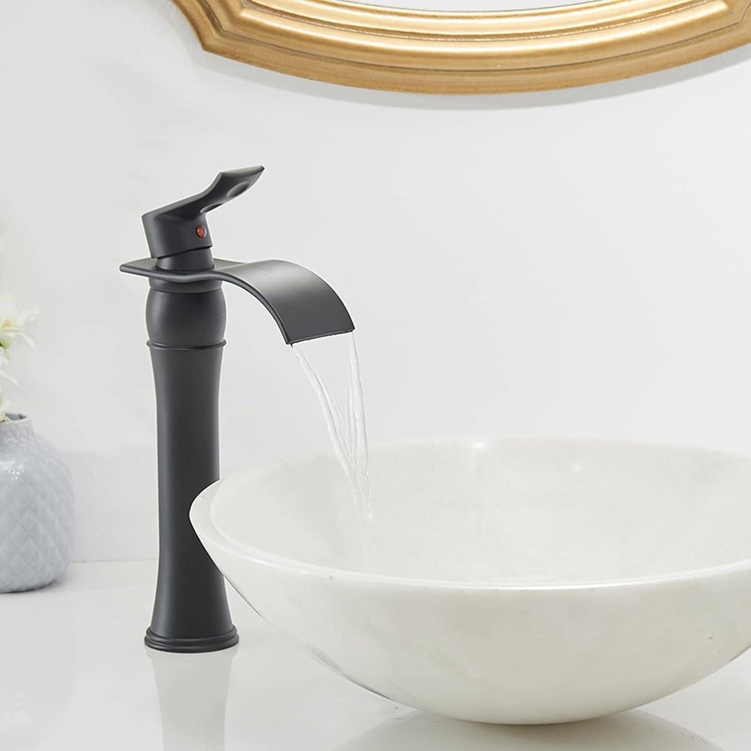 Homevacious Bathroom Vessel Sink Faucet Waterfall,Matte Black Bathroom Faucet Single Handle,Single Hole Bowl Vanity Sink Faucet,with Pop Up Drain and Supply Lines,Commercial Lavatory Mixer Tap
