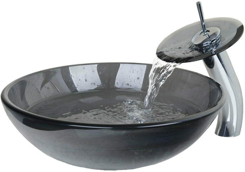 Black Glass Vessel Sink With Faucet And Drain 16 inch Round Tempered Glass Bathroom Basin Above Counter Transparent Clear Black Glass Bowl Sinks For Bathrooms Vanity Top