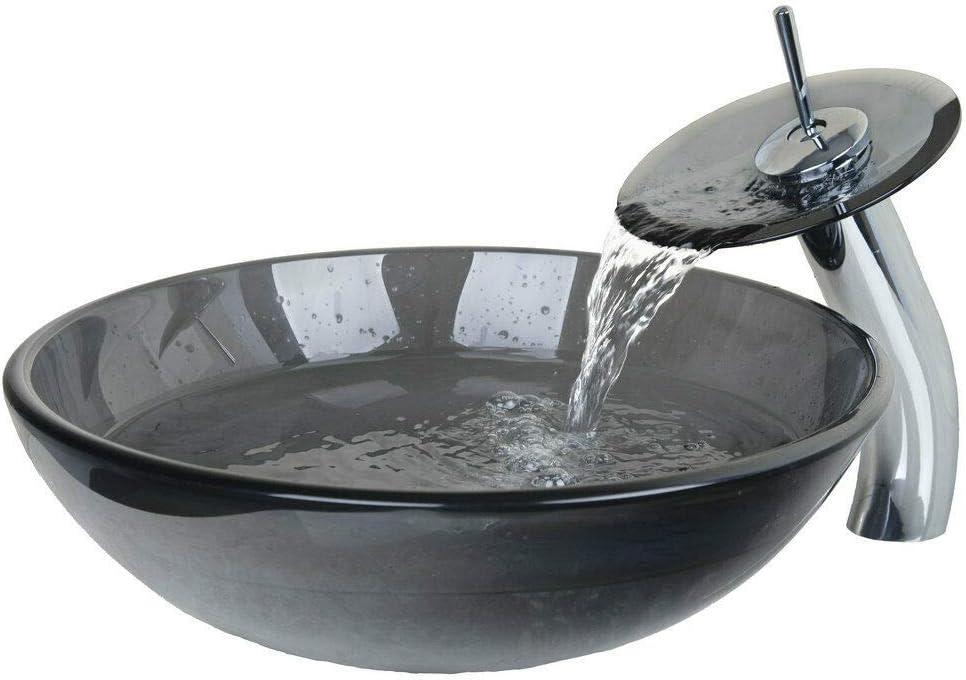 Black Tempered Glass Round Vessel Sink with Faucet