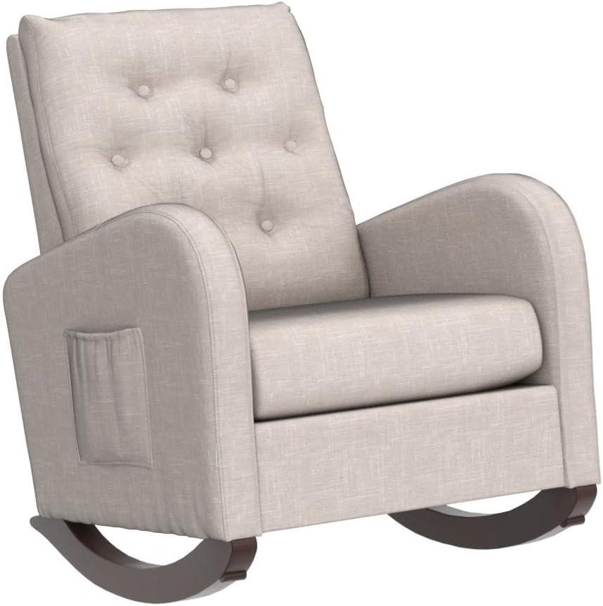 Antetek Modern Accent Rocking Chair, Upholstered Nursery Glider Rocker, Comfy Armchair with Side Pocket, Living Room Lounge Arm Chair, High Backrest with Decorative Buttons, Dark Grey