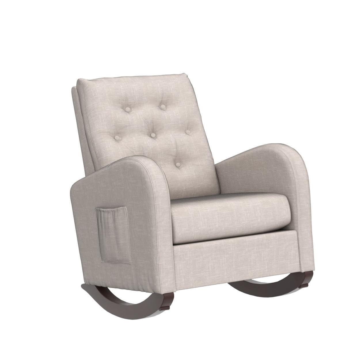 Antetek Modern Accent Rocking Chair, Upholstered Nursery Glider Rocker, Comfy Armchair with Side Pocket, Living Room Lounge Arm Chair, High Backrest with Decorative Buttons, Dark Grey