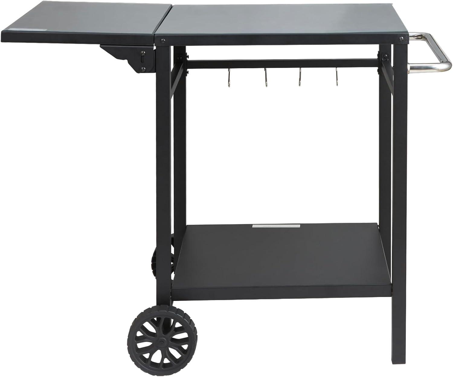 Black Iron Double-Shelf Outdoor Grill Dining Cart with Wheels