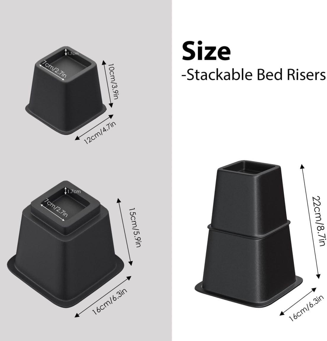 8 Pack Bed Risers, Heavy Duty Bed Furniture Risers, Adjustable Bed Elevators in Heights 3 or 5 inch, Stackable Risers for Sofa, Chair, Desk, Table Legs, Black