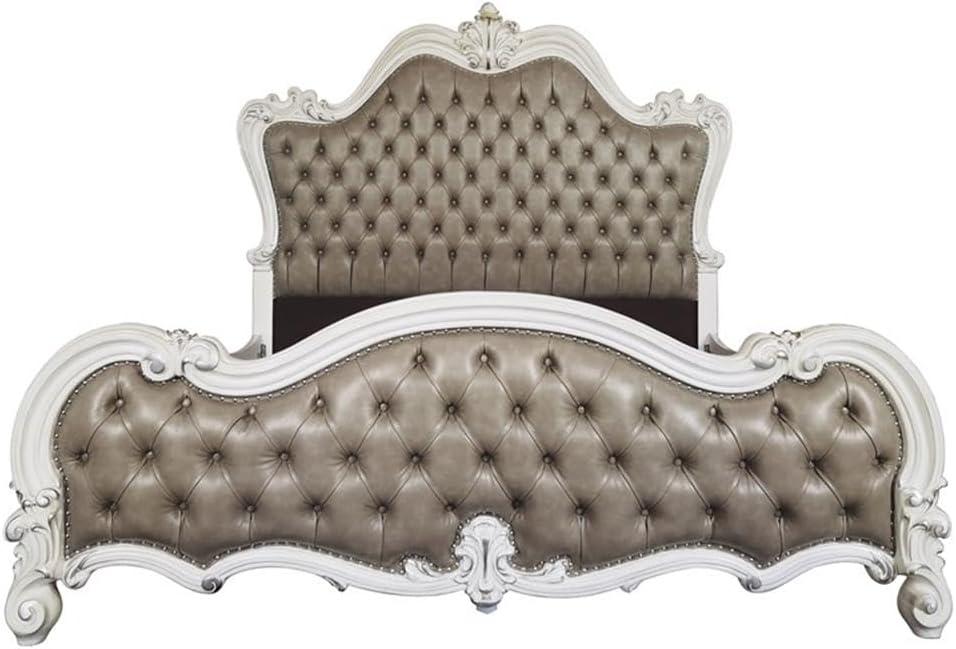 99" Queen Bed Versailles Vintage Gray PU Leather, Button Tufted - Acme Furniture: Claw & Ball Feet, Fluted Crown