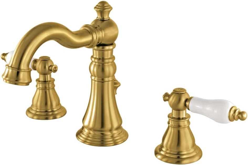 Kingston Brass American Patriot Two-Handle 3-Hole Deck Mount Widespread Bathroom Faucet with Brass Pop-Up Drain