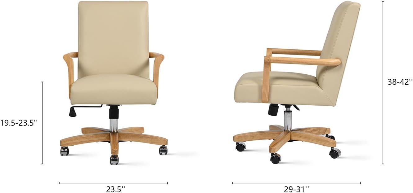 Dumont Modern Farmhouse High Back Executive Home Office Chair, Neutral Cream Beige Leather & Natural Wood
