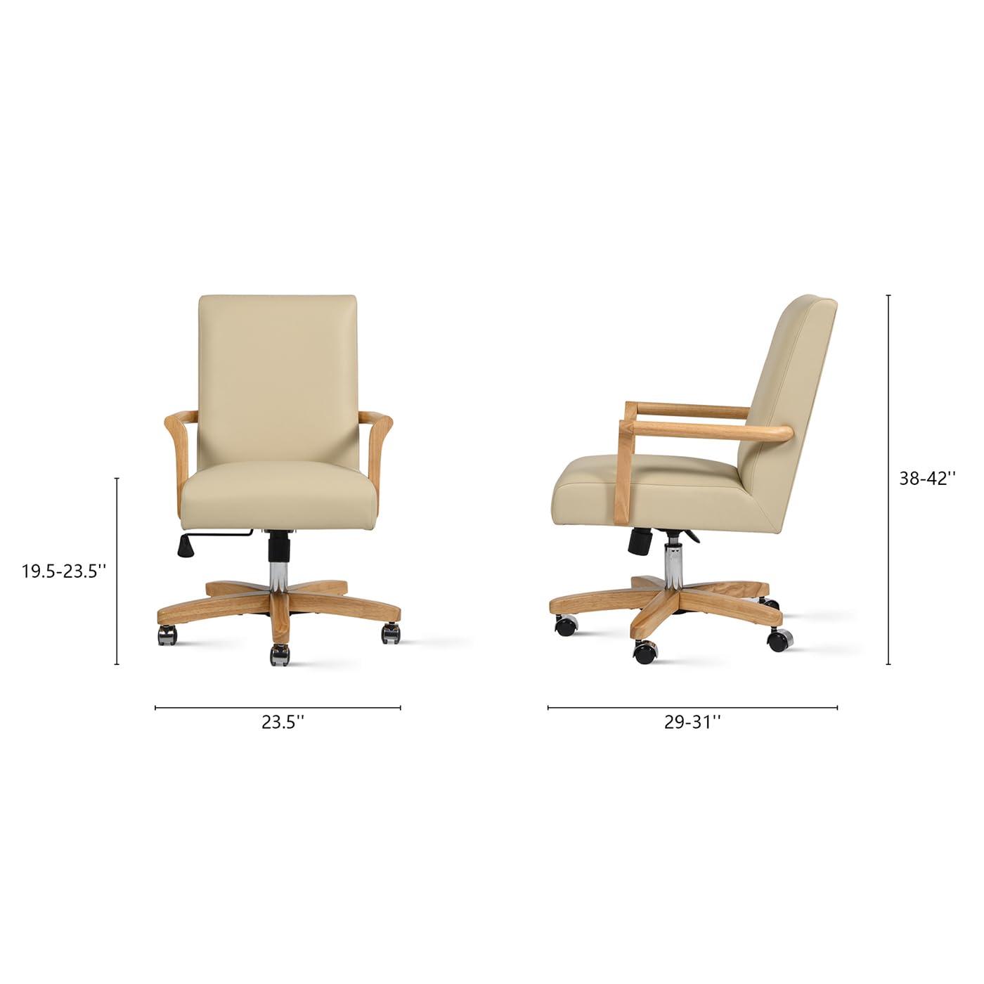 Dumont Modern Farmhouse High Back Executive Home Office Chair, Neutral Cream Beige Leather & Natural Wood