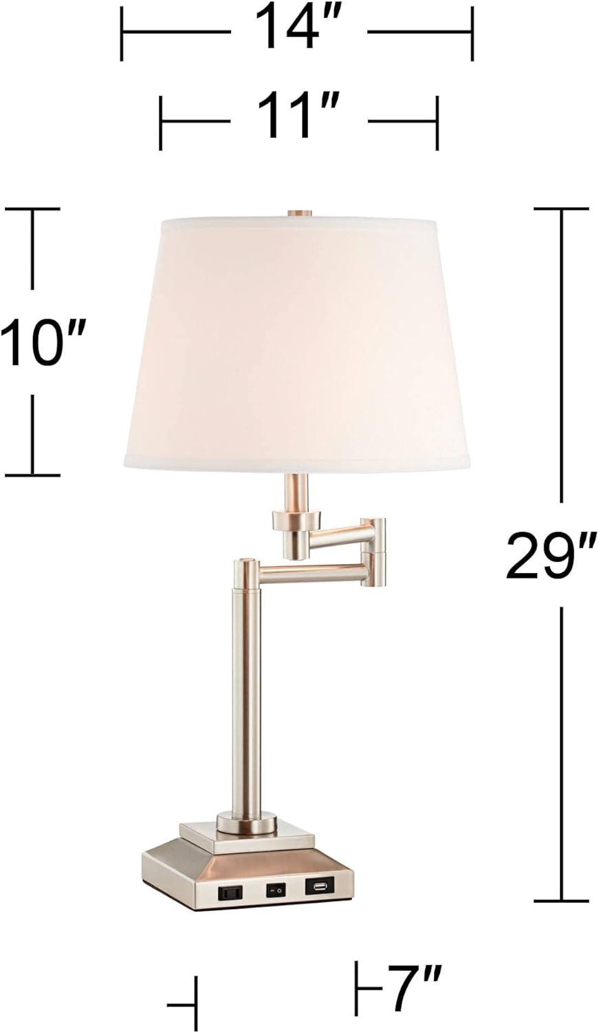 360 Lighting Camber Modern Desk Table Lamp 29" Tall Brushed Steel with USB and AC Power Outlet in Base Swing Arm Linen Shade for Bedroom Living Room