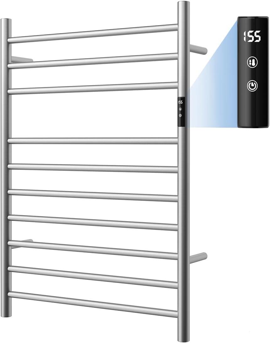 Topcobe 10 Bar Towel Warmer Wall Mounted Electric Heated Towel Rack with Built-in Timer, Bathroom Furniture, Electric Heated Towel Racks for Bathroom, Silver