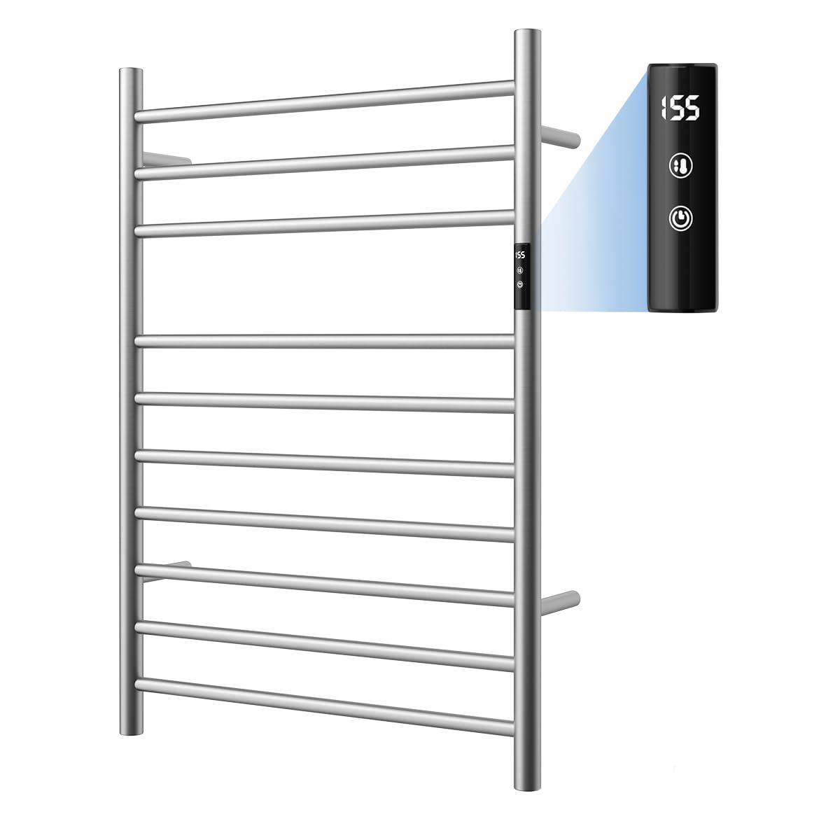 Topcobe 10 Bar Towel Warmer Wall Mounted Electric Heated Towel Rack with Built-in Timer, Bathroom Furniture, Electric Heated Towel Racks for Bathroom, Silver