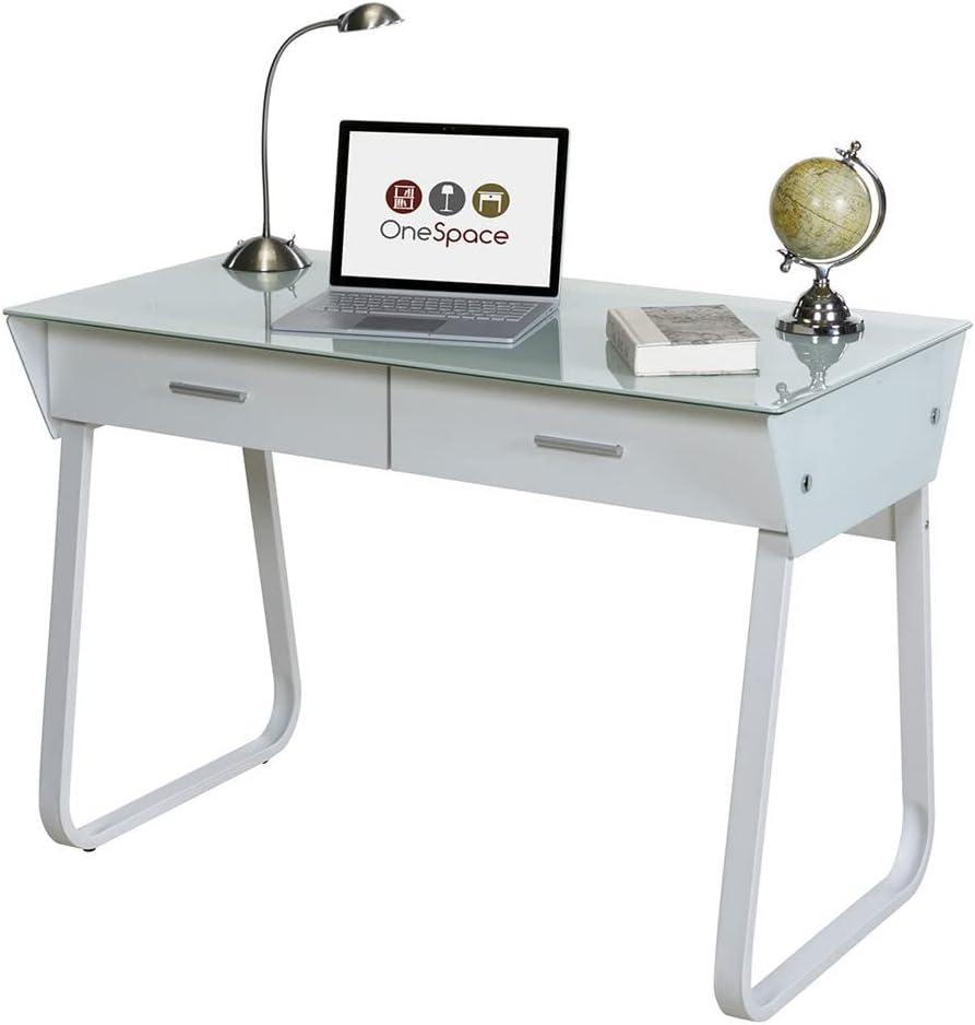 White Glass and Steel Computer Desk with Drawers and Keyboard Tray