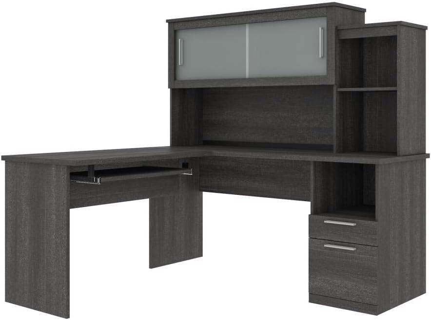 Bark Gray L-Shaped Wood Desk with Hutch and Keyboard Tray