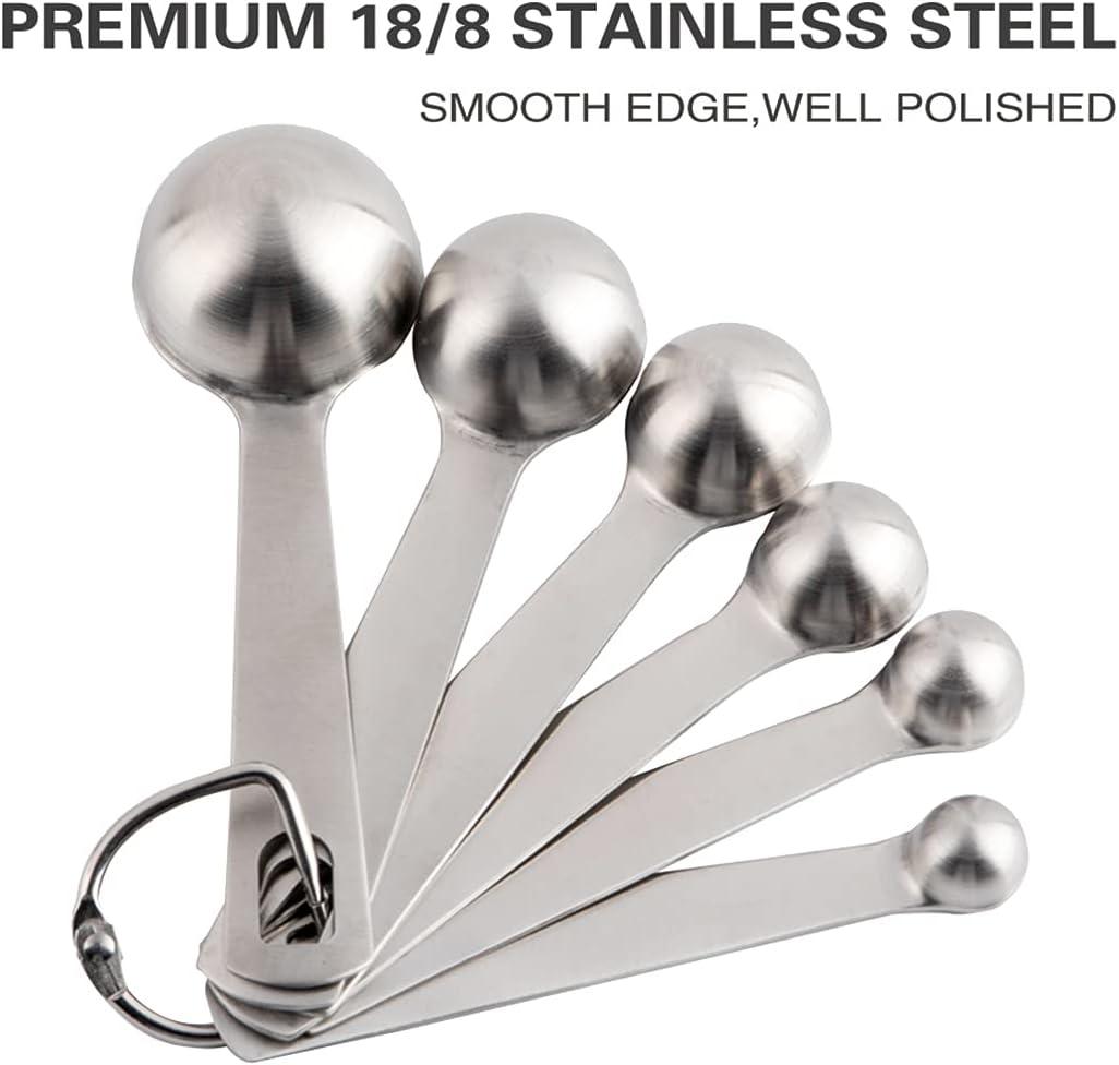 Stainless Steel Measuring Spoons Set of 6 Piece: 1/8 TSP, 1/4 TSP, 1/2 TSP, 1 TSP, 1/2 tbsp & 1 tbsp Dry and Liquid Ingredients