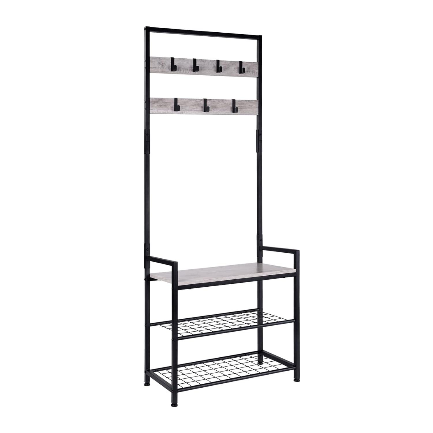 HOMEKOKO Coat Rack Shoe Bench, Hall Tree Entryway Storage Bench, Wood Look Accent Furniture with Metal Frame, 3-in-1 Design