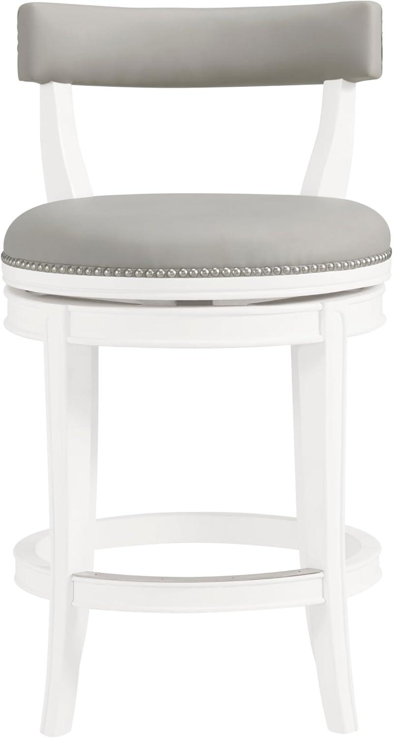 Alaterre Hanover Swivel Counter Height Bar Stool, 26-Inch Seat Height, White and Gray, Solid Rubberwood Frame with Faux Leather Upholstery, Nailhead Trim, Memory Return Swivel Mechanismv