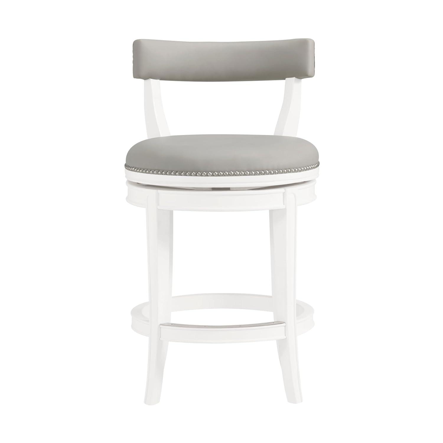 Alaterre Hanover Swivel Counter Height Bar Stool, 26-Inch Seat Height, White and Gray, Solid Rubberwood Frame with Faux Leather Upholstery, Nailhead Trim, Memory Return Swivel Mechanismv
