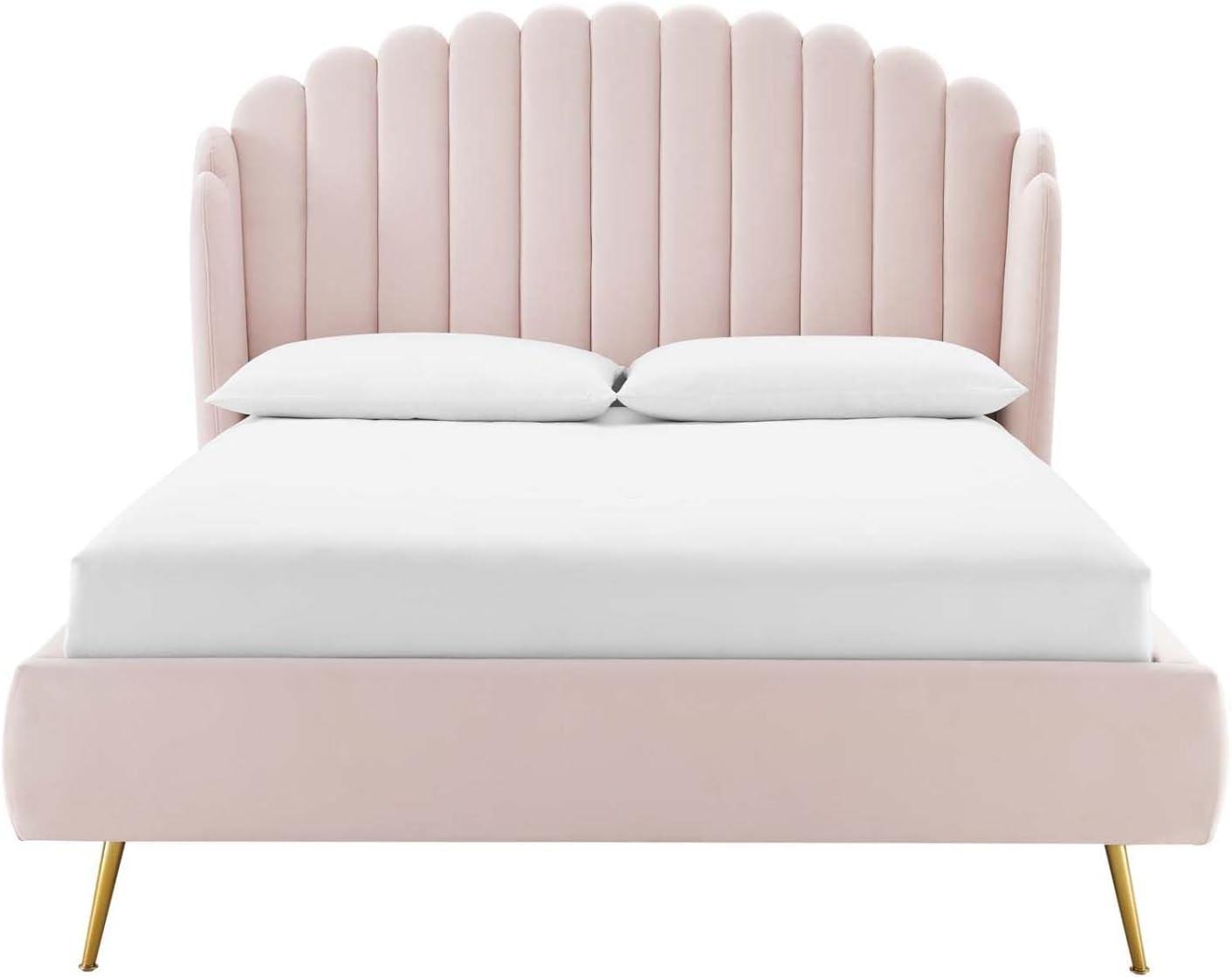 Elegant 70'' Pink Velvet Queen Wingback Platform Bed with Gold Legs