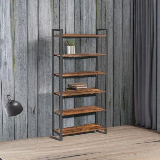 Rustic Brown and Black 6-Tier Adjustable Bookshelf with Steel Frame