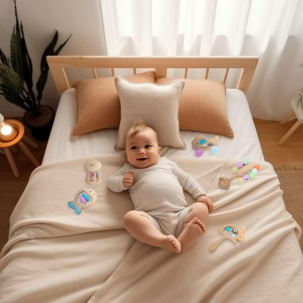 Montessori Mama Wooden Toys for Babies 5-Piece Collection - Multi-Sensory Learning Rattle for Babies - Infant Wooden Toy Set Baby Weights Toys - Teether