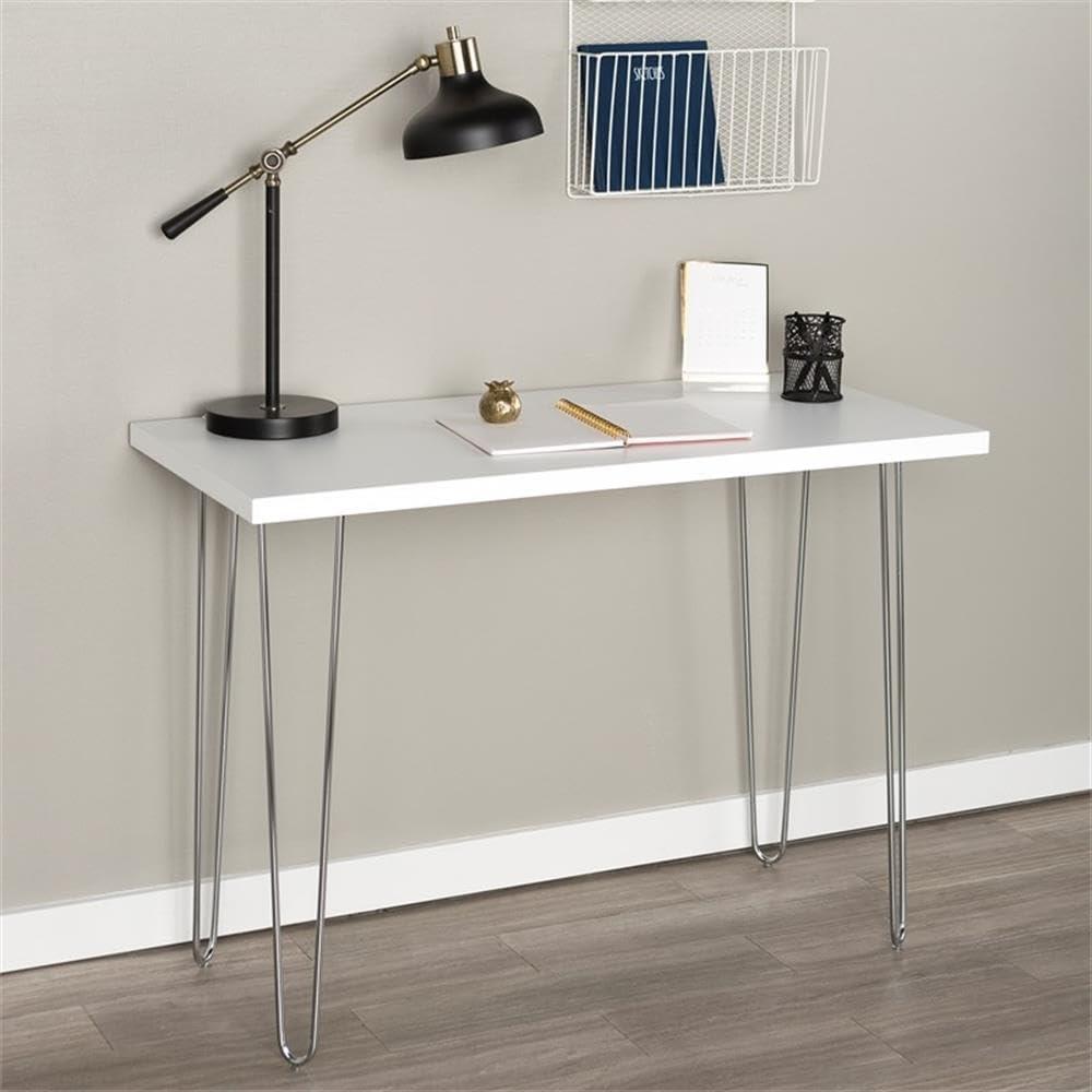 Walker Edison MDF Wood Writing Desk with Chrome Metal Legs in White