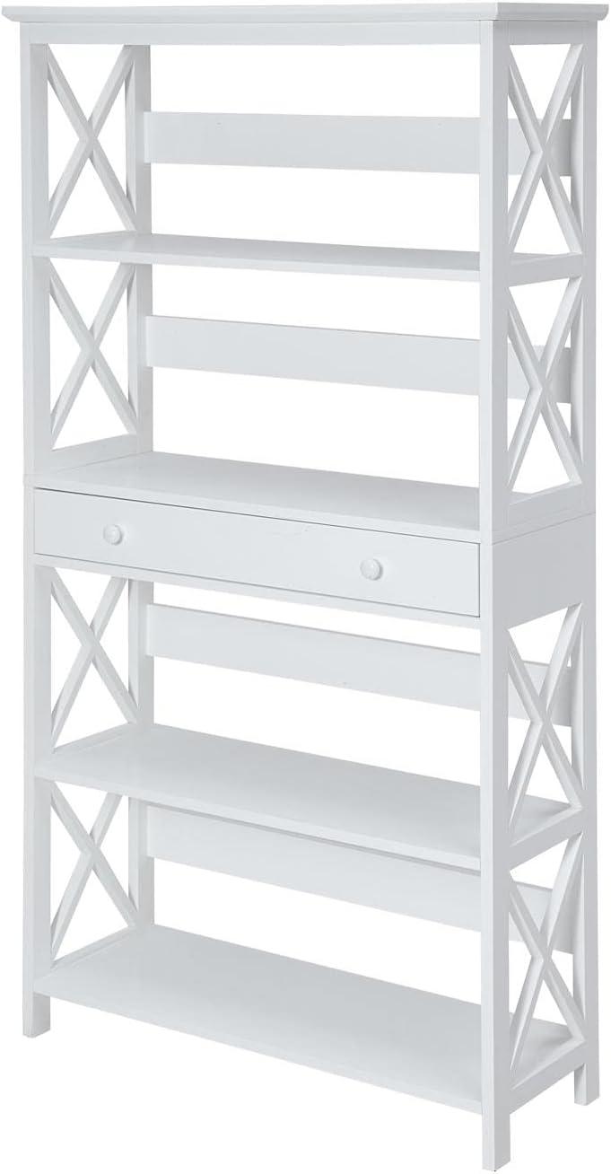 Oxford Elegance White Engineered Wood 5-Tier Bookcase with Drawer