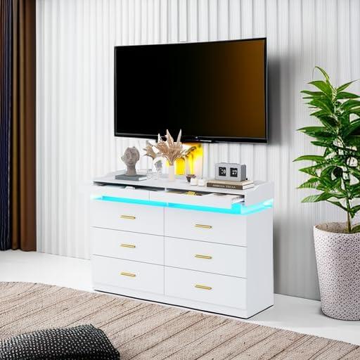 White Double Modern LED 6-Drawer Dresser with Pull-Out Trays