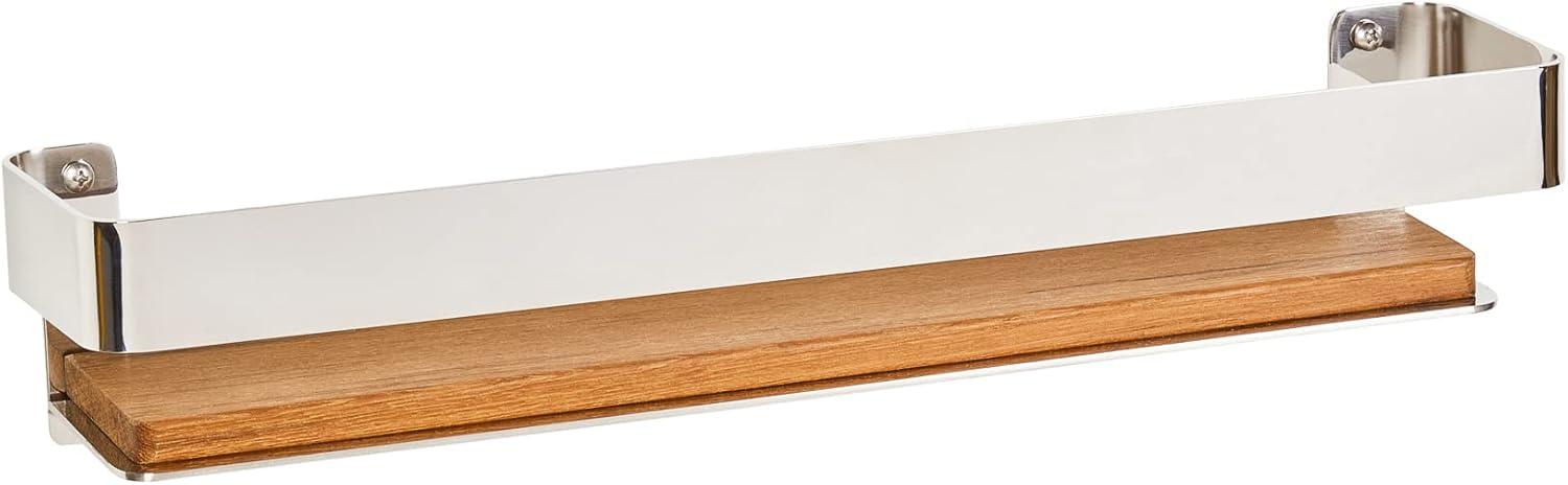 Floating Rectangular Shower Shelf with Rail in a Polished Finish and Natural Teak Wood Insert