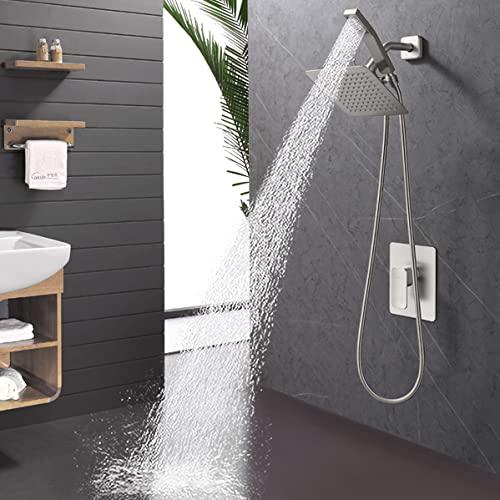 All Metal Shower Faucet Set, Dual Square Shower Head System with Handheld Wand & Rainfall Showerhead, Diverter, Hose Complete Combo, Pressure Balance Rough-in Valve Included