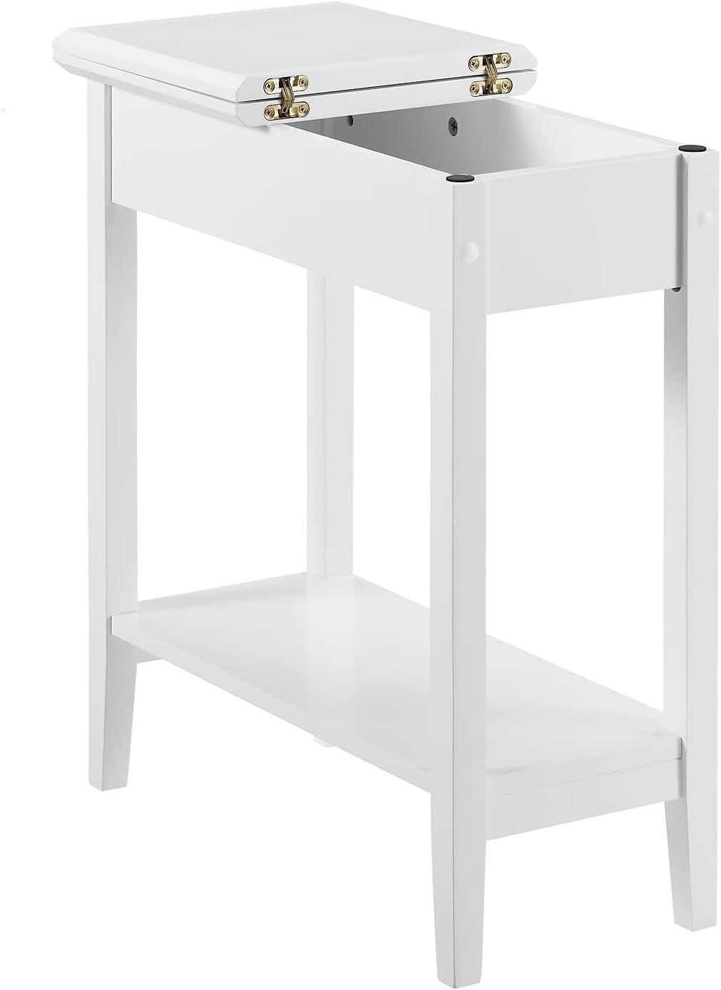 Flip Top Narrow End Table with Storage, Narrow Side Tables for Small Spaces, Slim End Table with Storage Shelf, Skinny Nightstand Sofa Table for Bedroom, Living Room - White