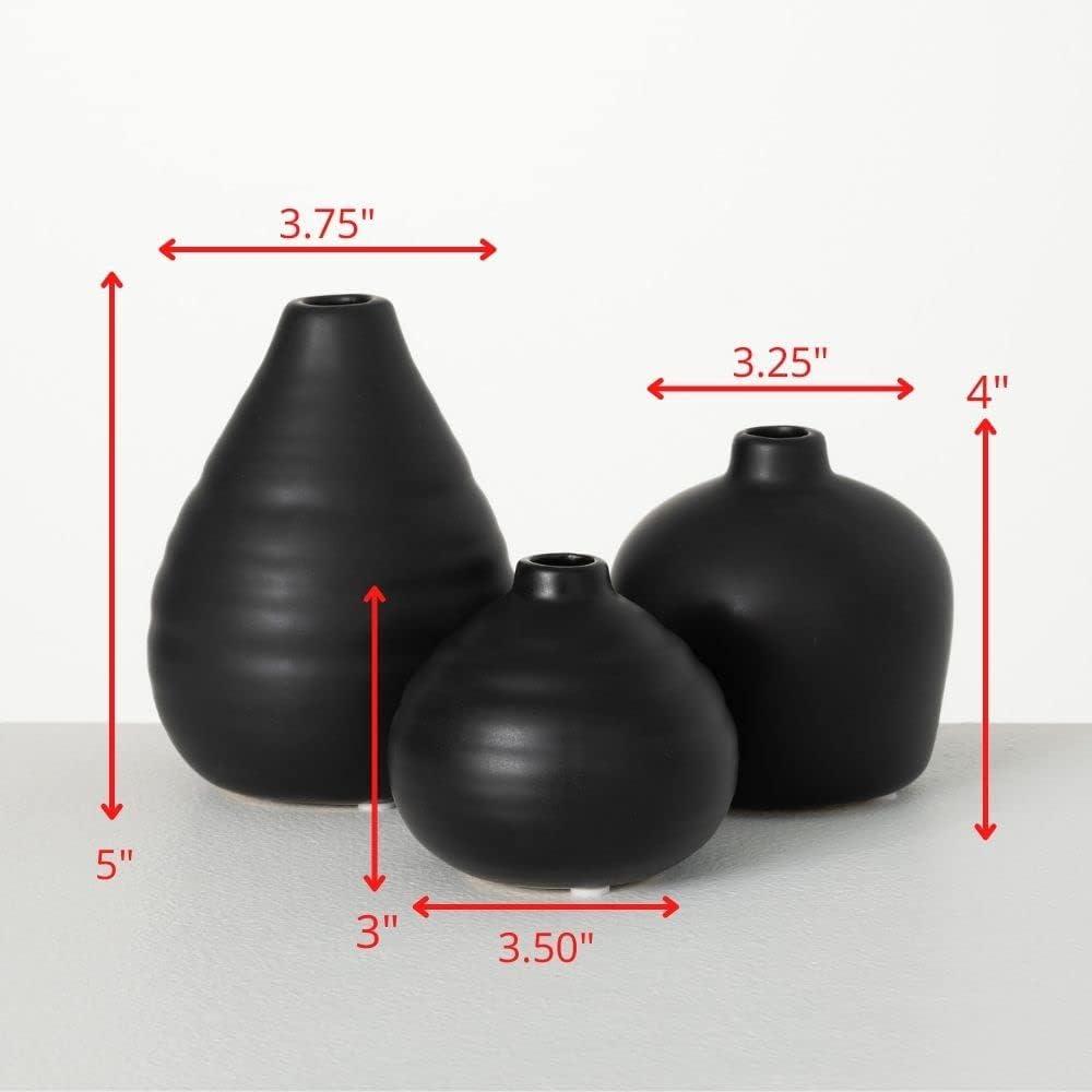 Matte Black Ceramic Bud Vase Trio, 9" x 6.5" Modern Home Decor