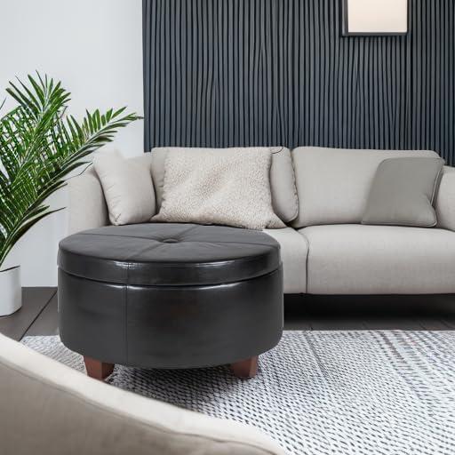 Leatherette Single Button Tufted Round Ottoman with Wooden Feet, Large, Black and Brown