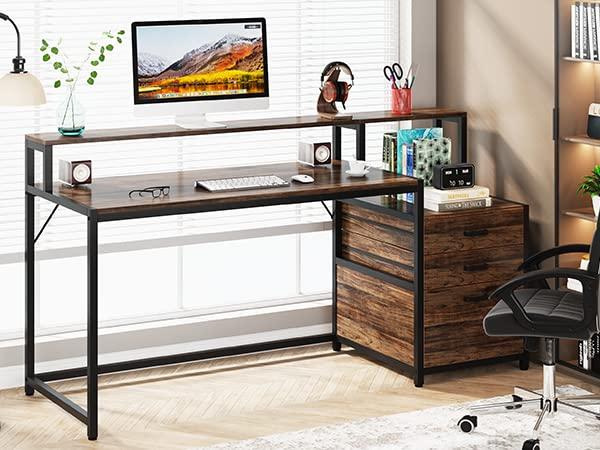 Tribesigns 63" Ergonomic Office Desk, Rustic Brown