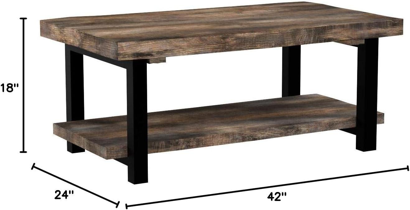 Alaterre Furniture 42" Pomona Wide Coffee Table Reclaimed Wood Rustic Natural: Fixed Shelf, Metal Frame, Living Room Furniture