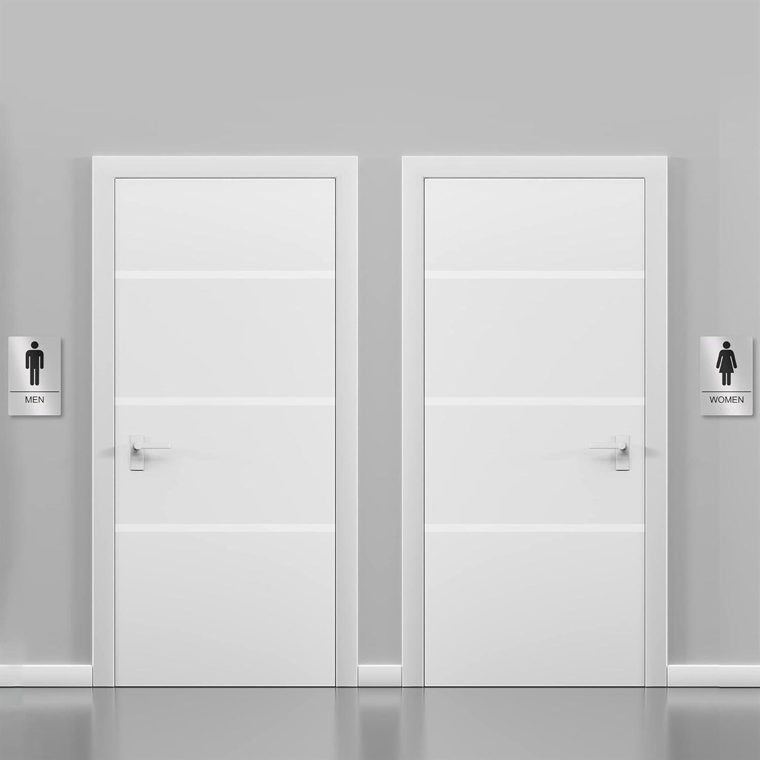 Assured Signs Restroom Sign for Wall | Bathroom Signs | 9 by 6" | Silver Acrylic | ADA Compliant with Braille | Includes Adhesives | Ideal for Office or Home